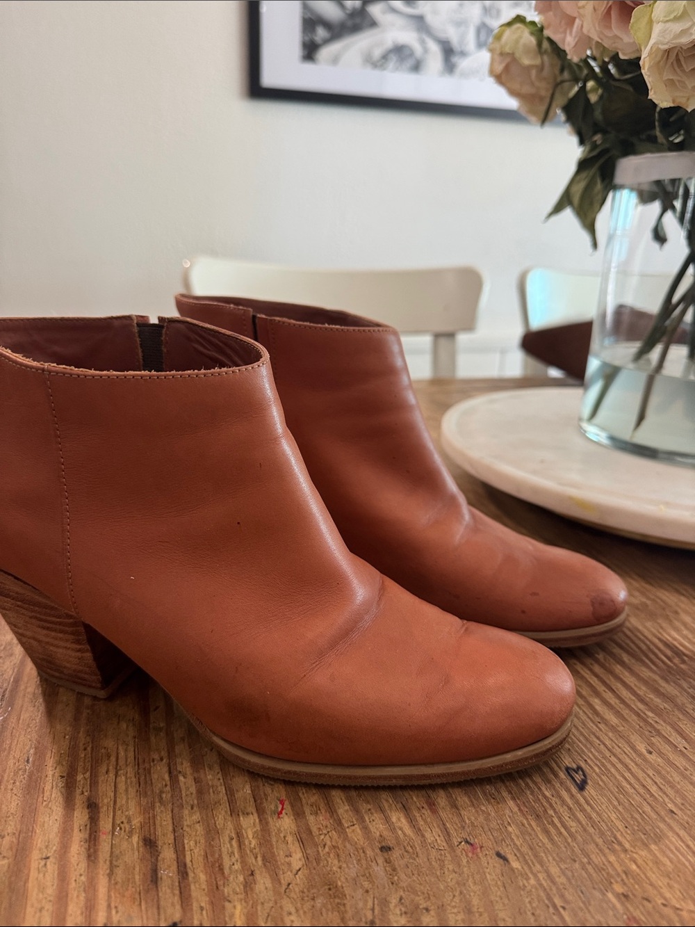 Rachel Comey Mars Cognac Leather Ankle Booties with Wooden Block Heel
